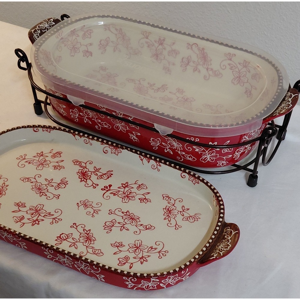 Temp-tations by Tara Floral Lace 2 Qt Baking Dish Set w Lid Tray Rack Red Floral - Picture 4 of 12